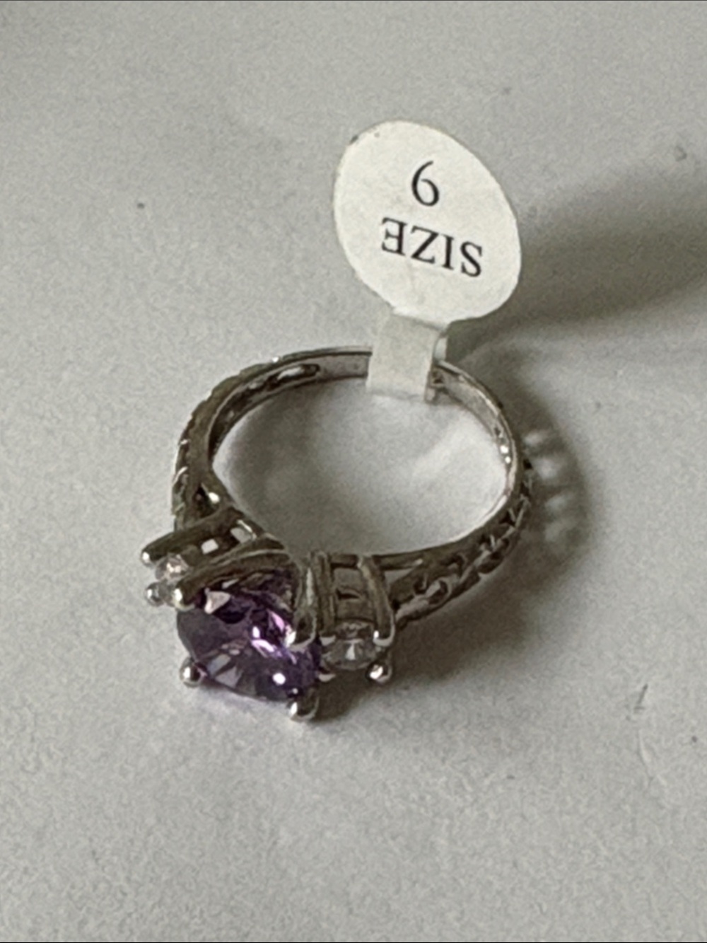 Sterling-Style Silver Ring with Purple Gemstone - Size 9